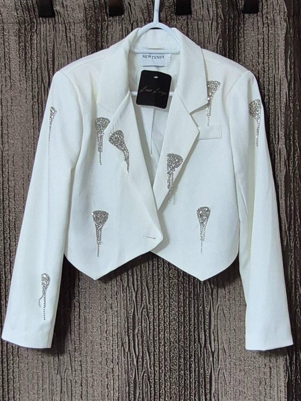 NEW TENDY White Cropped Blazer, Crystal-Embellished